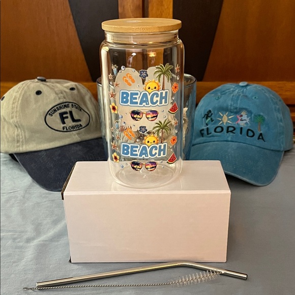 Other - Beach-Themed Glass Tumbler w/ Bamboo Lid-Metal Straw-Cleaning Brush
